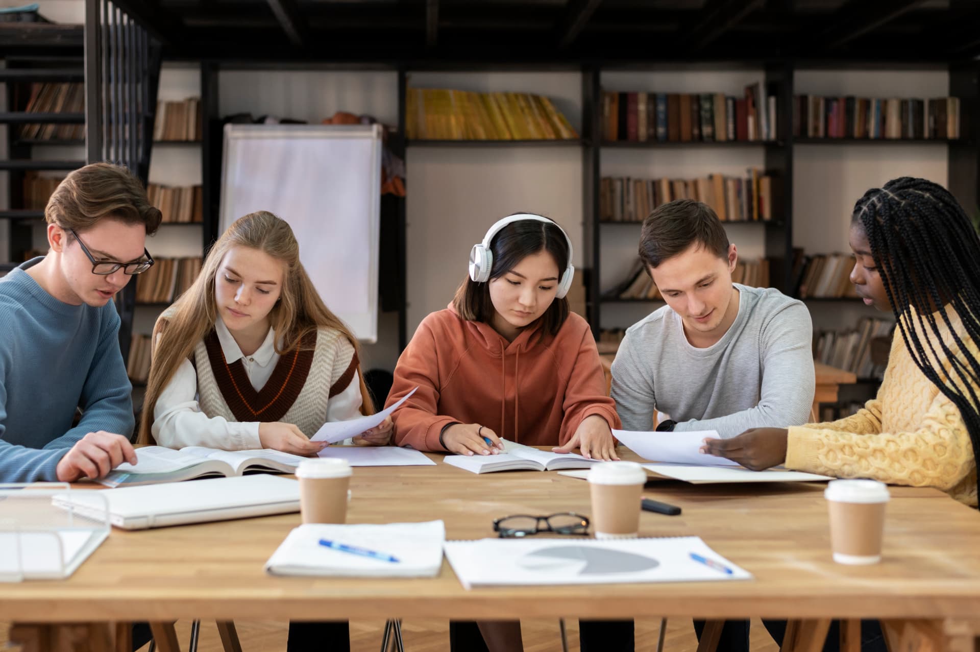 Group of students studying together around a table